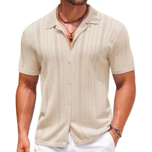 imageCOOFANDY Mens Knit Button Down Shirts Crochet Polo Shirts Vintage Short Sleeve Textured Shirts Summer Beach TopsLight Coffee