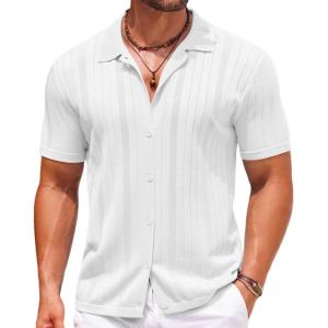 imageCOOFANDY Mens Knit Button Down Shirts Crochet Polo Shirts Vintage Short Sleeve Textured Shirts Summer Beach TopsWhite
