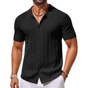 imageCOOFANDY Mens Knit Button Down Shirts Short Sleeve Polo Shirt Casual Vacation Summer Beach ShirtsBlack