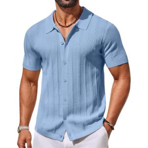 imageCOOFANDY Mens Knit Button Down Shirts Short Sleeve Polo Shirt Casual Vacation Summer Beach ShirtsBlue