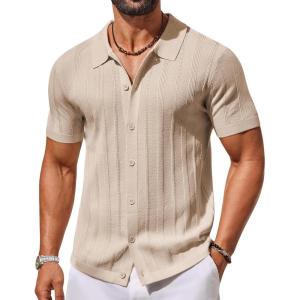 imageCOOFANDY Mens Knit Button Down Shirts Short Sleeve Polo Shirt Casual Vacation Summer Beach ShirtsCream