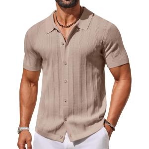 imageCOOFANDY Mens Knit Button Down Shirts Short Sleeve Polo Shirt Casual Vacation Summer Beach ShirtsKhaki