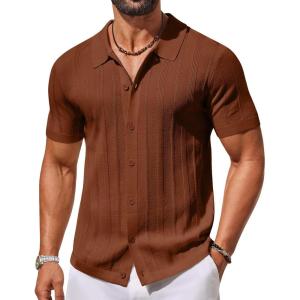 imageCOOFANDY Mens Knit Button Down Shirts Short Sleeve Polo Shirt Casual Vacation Summer Beach ShirtsLight Brown
