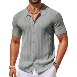 imageCOOFANDY Mens Knit Button Down Shirts Short Sleeve Polo Shirt Casual Vacation Summer Beach ShirtsLight Grey