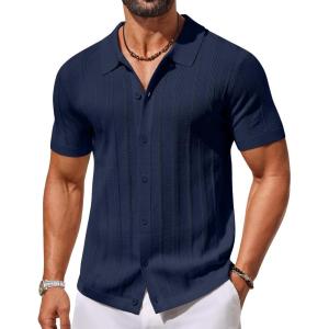 imageCOOFANDY Mens Knit Button Down Shirts Short Sleeve Polo Shirt Casual Vacation Summer Beach ShirtsNavy Blue