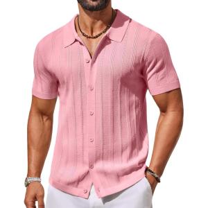 imageCOOFANDY Mens Knit Button Down Shirts Short Sleeve Polo Shirt Casual Vacation Summer Beach ShirtsPink