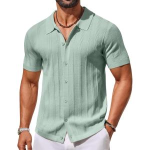 imageCOOFANDY Mens Knit Button Down Shirts Short Sleeve Polo Shirt Casual Vacation Summer Beach ShirtsSage Green