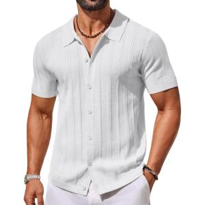 imageCOOFANDY Mens Knit Button Down Shirts Short Sleeve Polo Shirt Casual Vacation Summer Beach ShirtsWhite