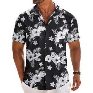 imageCOOFANDY Mens Linen Shirts Short Sleeve Button Down Shirt Casual Beach Summer Shirts Wedding Vacation ShirtBlack Whiteflower