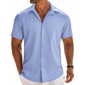 imageCOOFANDY Mens Linen Shirts Short Sleeve Button Down Shirt Casual Beach Summer Shirts Wedding Vacation ShirtBlue