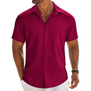 imageCOOFANDY Mens Linen Shirts Short Sleeve Button Down Shirt Casual Beach Summer Shirts Wedding Vacation ShirtBurgundy
