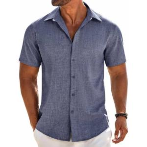 imageCOOFANDY Mens Linen Shirts Short Sleeve Button Down Shirt Casual Beach Summer Shirts Wedding Vacation ShirtDark Blue