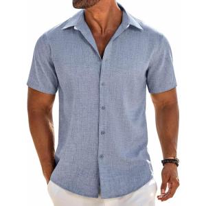 imageCOOFANDY Mens Linen Shirts Short Sleeve Button Down Shirt Casual Beach Summer Shirts Wedding Vacation ShirtDemin Blue