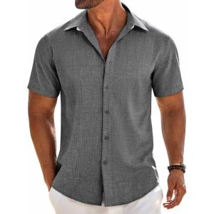imageCOOFANDY Mens Linen Shirts Short Sleeve Button Down Shirt Casual Beach Summer Shirts Wedding Vacation ShirtGrey