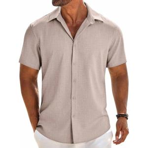 imageCOOFANDY Mens Linen Shirts Short Sleeve Button Down Shirt Casual Beach Summer Shirts Wedding Vacation ShirtKhaki