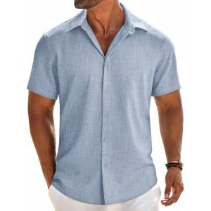 imageCOOFANDY Mens Linen Shirts Short Sleeve Button Down Shirt Casual Beach Summer Shirts Wedding Vacation ShirtLight Blue