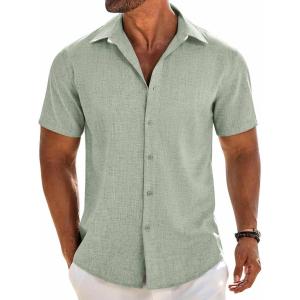imageCOOFANDY Mens Linen Shirts Short Sleeve Button Down Shirt Casual Beach Summer Shirts Wedding Vacation ShirtLight Green