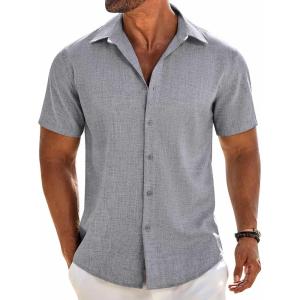 imageCOOFANDY Mens Linen Shirts Short Sleeve Button Down Shirt Casual Beach Summer Shirts Wedding Vacation ShirtLight Grey