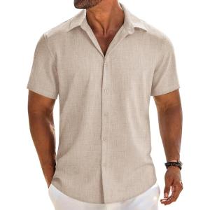 imageCOOFANDY Mens Linen Shirts Short Sleeve Button Down Shirt Casual Beach Summer Shirts Wedding Vacation ShirtLight Khaki