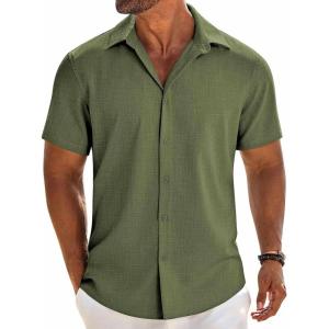 imageCOOFANDY Mens Linen Shirts Short Sleeve Button Down Shirt Casual Beach Summer Shirts Wedding Vacation ShirtOlive Green
