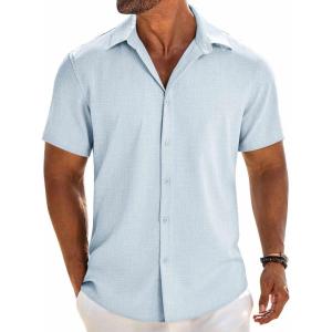 imageCOOFANDY Mens Linen Shirts Short Sleeve Button Down Shirt Casual Beach Summer Shirts Wedding Vacation ShirtPale Blue