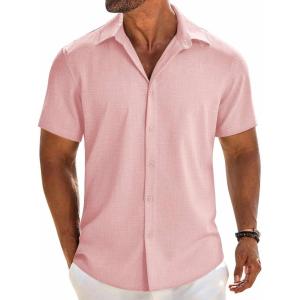 imageCOOFANDY Mens Linen Shirts Short Sleeve Button Down Shirt Casual Beach Summer Shirts Wedding Vacation ShirtPink