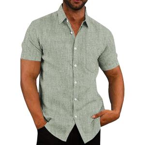 imageCOOFANDY Mens Linen Short Sleeve Button Down Shirts Casual Summer Beach Vacation ShirtsTextured Fall Green