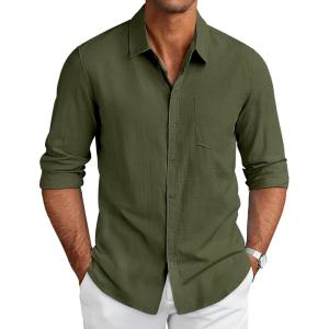 imageCOOFANDY Mens Long Sleeve Buttons Down Shirts Casual Button Up Shirts Beach Linen Shirt Untucked Dress ShirtArmy Green
