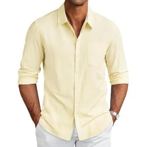 imageCOOFANDY Mens Long Sleeve Buttons Down Shirts Casual Button Up Shirts Beach Linen Shirt Untucked Dress ShirtBeige