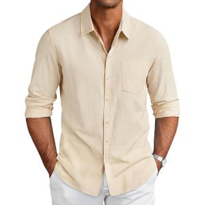 imageCOOFANDY Mens Long Sleeve Buttons Down Shirts Casual Button Up Shirts Beach Linen Shirt Untucked Dress ShirtKhaki
