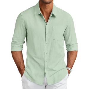imageCOOFANDY Mens Long Sleeve Buttons Down Shirts Casual Button Up Shirts Beach Linen Shirt Untucked Dress ShirtLight Green