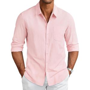imageCOOFANDY Mens Long Sleeve Buttons Down Shirts Casual Button Up Shirts Beach Linen Shirt Untucked Dress ShirtPink