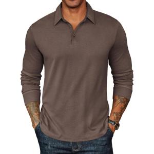 imageCOOFANDY Mens Long Sleeve Polo Shirts Classic Casual Button Polo Tee Lightweight Collared Golf ShirtBrown