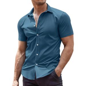 imageCOOFANDY Mens Muscle Fit Dress Shirts WrinkleFree Short Sleeve Casual Button Down ShirtBluegreen