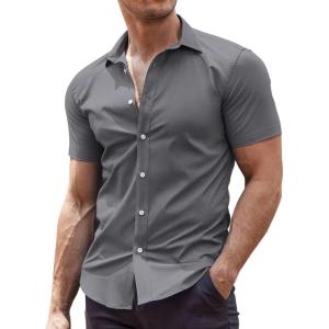 imageCOOFANDY Mens Muscle Fit Dress Shirts WrinkleFree Short Sleeve Casual Button Down ShirtGrey