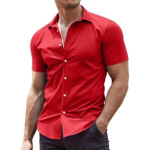 imageCOOFANDY Mens Muscle Fit Dress Shirts WrinkleFree Short Sleeve Casual Button Down ShirtRed