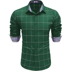 imageCOOFANDY Mens Plaid Dress Shirt Long Sleeve Business Casual Regular Fit Button Down ShirtsArmy Green