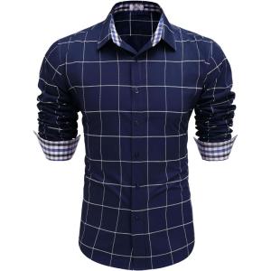 imageCOOFANDY Mens Plaid Dress Shirt Long Sleeve Business Casual Regular Fit Button Down ShirtsBlue