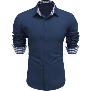 imageCOOFANDY Mens Plaid Dress Shirt Long Sleeve Business Casual Regular Fit Button Down ShirtsNavy Blue