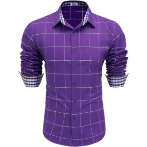 imageCOOFANDY Mens Plaid Dress Shirt Long Sleeve Business Casual Regular Fit Button Down ShirtsPurple