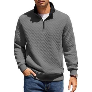 imageCOOFANDY Mens Quarter Zip Pullover Quilted Sweatshirt Knit Long Sleeve Mock Neck Sweater Polo with PocketZcontrast GrayBlack
