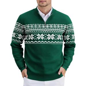 imageCOOFANDY Mens Quarter Zip Pullover Slim Fit Lightweight Knit Pullover Sweaters Casual Polo SweaterChristmas Green  White