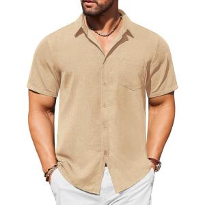 imageCOOFANDY Mens Short Sleeve Button Down Shirt Casual Summer Beach Untucked Vacation Textured Shirts with PocketLight Coffe