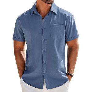 imageCOOFANDY Mens Short Sleeve Button Down Shirt Casual Summer Beach Untucked Vacation Textured Shirts with PocketMidnight Blue