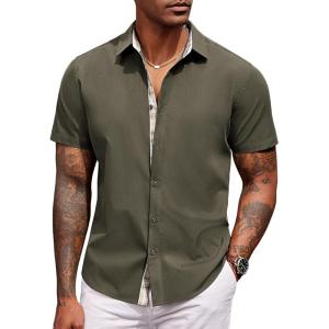 imageCOOFANDY Mens Short Sleeve Button Down Shirts Casual Summer Dress Untucked ShirtsA  Plaid Collar Army Green