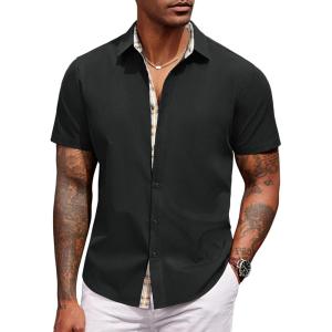 imageCOOFANDY Mens Short Sleeve Button Down Shirts Casual Summer Dress Untucked ShirtsA  Plaid Collar Black