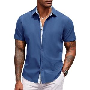 imageCOOFANDY Mens Short Sleeve Button Down Shirts Casual Summer Dress Untucked ShirtsA  Plaid Collar Blue