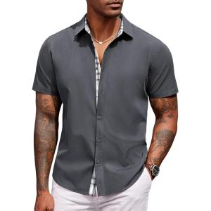 imageCOOFANDY Mens Short Sleeve Button Down Shirts Casual Summer Dress Untucked ShirtsA  Plaid Collar Dark Grey