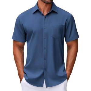 imageCOOFANDY Mens Short Sleeve Button Up Shirts Untucked Casual Button Down Shirts Business Formal Shirt Deep Blue