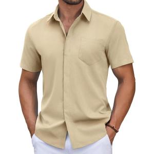 imageCOOFANDY Mens Short Sleeve Casual Button Down Shirts Summer Untucked Beach Shirts with Pocket Light Brown